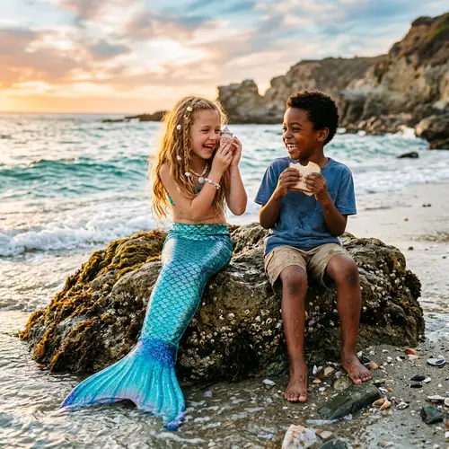 Enchanting Scene of Young Girl with Mermaid Tail and Boy by the Sea