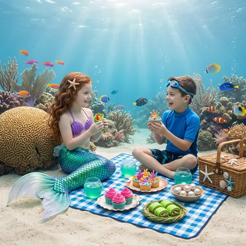 Cute Girl with Mermaid Tail and Boy: Underwater Picnic Delights