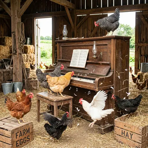 Quaint and Lively Chickens Playing with Piano