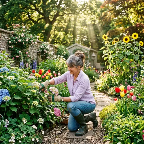 Charming Backyard Garden: Caucasian Lady Gardening
