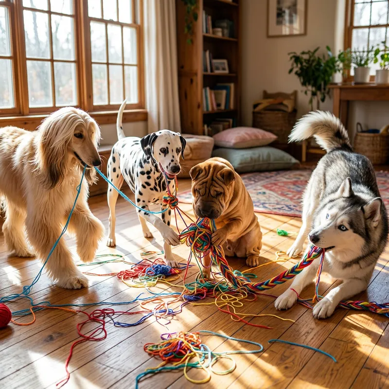 Pretty Dogs Playing with Threads | Canine Interaction Delight