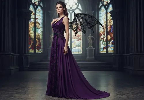 Purple Maxi Dress with Black Lace and Dragon Wings