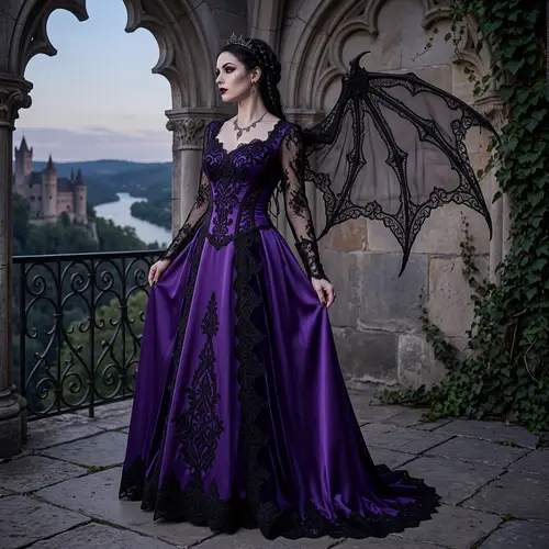 Purple Maxi Dress with Black Lace and Dragon Wings