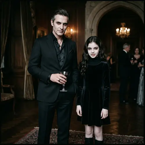 Sinister Vampire: Middle-Aged Man and Dark-Haired Girl in Modern Attire