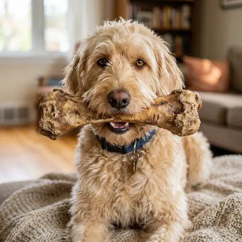 Fluffy Medium-Sized Dog Holding Chewed-Up Bone
