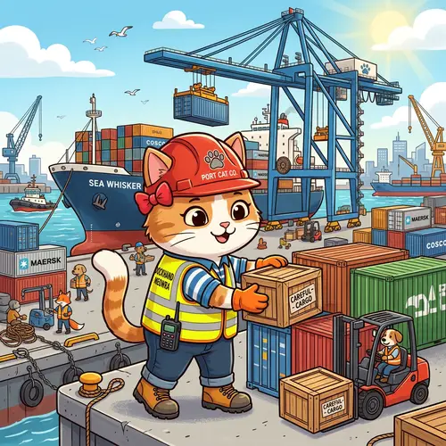 Cartoon Cat Longshoreman Loading Ships | Port Worker Character