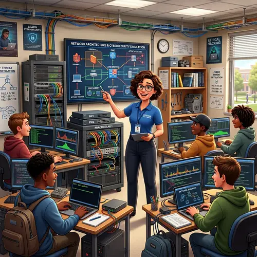 Pixar-Style Network Security Technician in Classroom