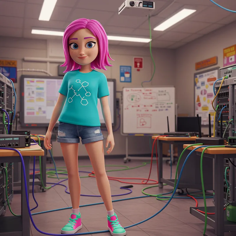 Pixar-Style Network Security Technician in Classroom