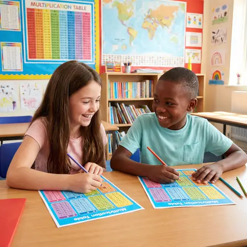 Colorful Classroom: Smiling Kids Engaging with Multiplication Tables