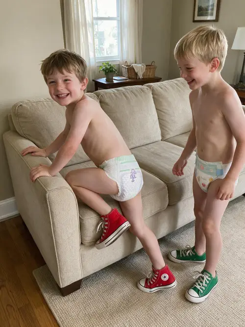 Happy Boys Playing in Living Room