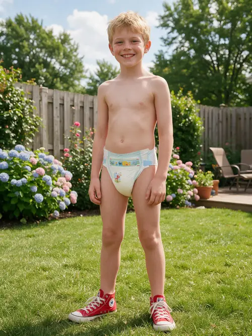 Smiling Shirtless Boy in Backyard with Red Converse