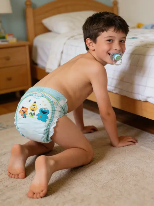 Happy 10-Year-Old Boy Crawling in Pampers Diaper