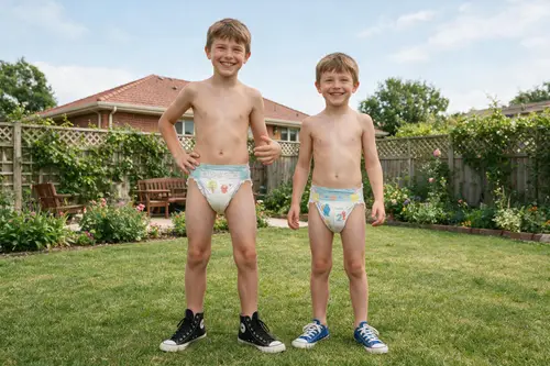 Happy Backyard Smiles: Shirtless Boys Playing