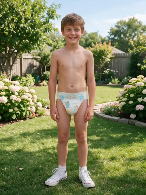 Joyful 12-Year-Old Boy in Backyard