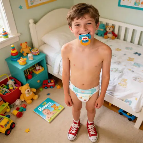 Smiling 12-Year-Old Boy in Bedroom with Toys