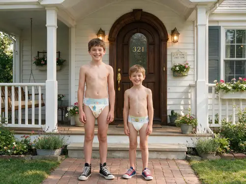 Smiling Shirtless Boys in Diapers and Converse Shoes