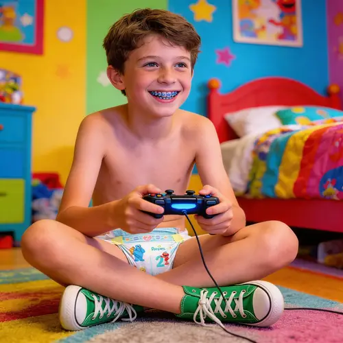 Happy 10-Year-Old Boy Playing Games in Colorful Room