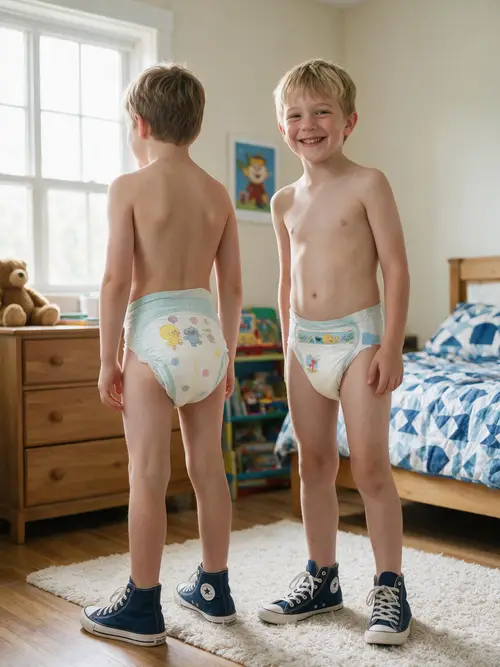 Happy Shirtless Boys in Clean Bedroom
