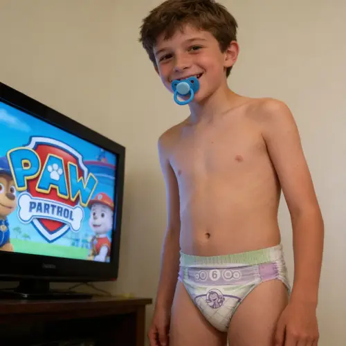 Happy 12-Year-Old Boy in Baby Diaper & Pacifier