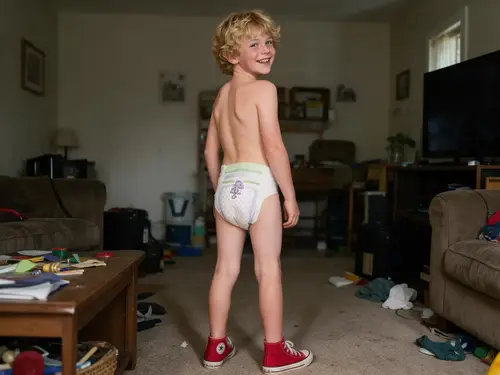 Cute Happy Boy in Diaper and Red Converse