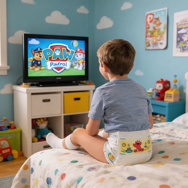 Child in Pampers Diaper Watching Paw Patrol