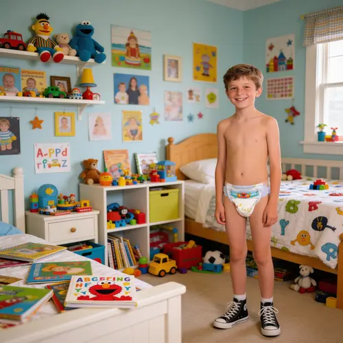 Smiling 10-Year-Old Boy in His Playful Bedroom