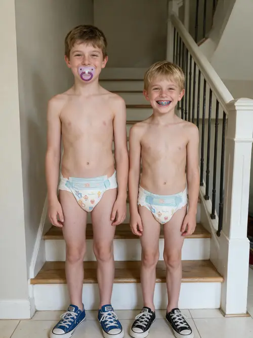 Happy Smiling Boys In Diapers and Converse Shoes