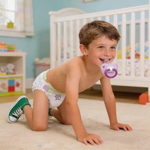 Happy 10-Year-Old Boy Crawling in Nursery