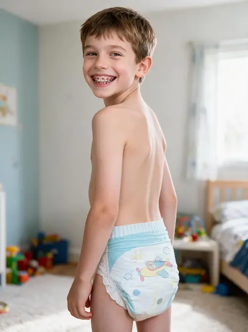 Happy Shirtless Boy in Bedroom - Smiling & Carefree