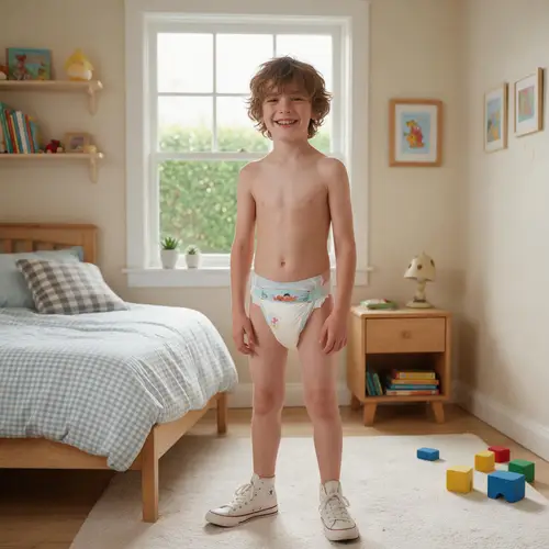 Happy Boy in Bedroom with Converse Shoes