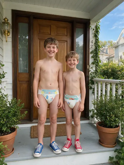 Happy Boys in Diapers at Home