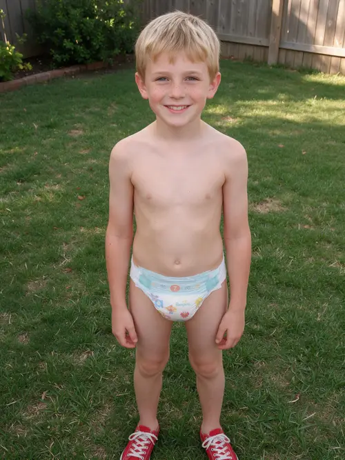 Happy Shirtless Boy in Backyard with Freckles