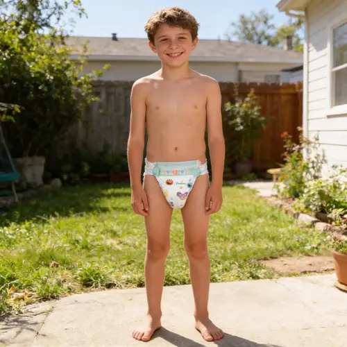 Smiling Boy in Diaper - Backyard Fun