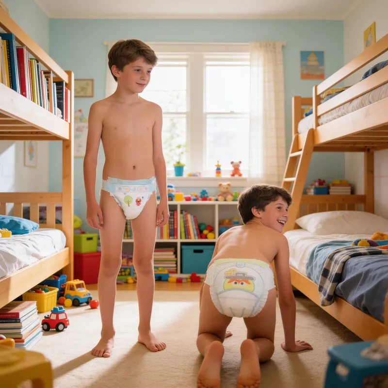 Happy Boys in Bright Bedroom with Diapers Happy Boys in Bright Bedroom with Diapers