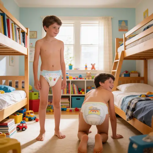 Happy Boys in Bright Bedroom with Diapers