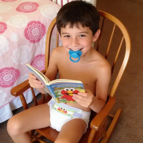 Smiling Boy in Diaper on Rocking Chair