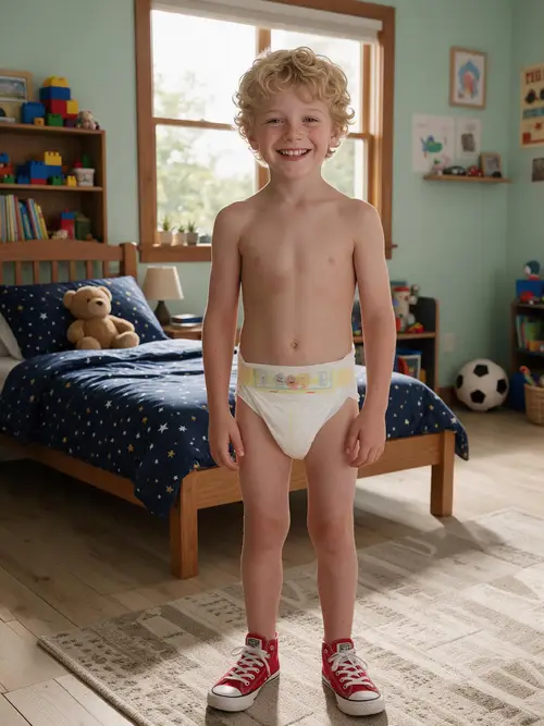 Happy Smiling Boy in Bedroom with Diaper and Shoes