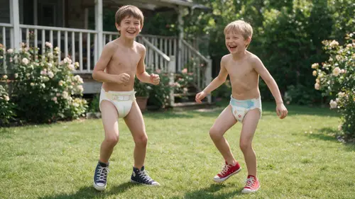 Happy Shirtless Boys Smiling in Backyard