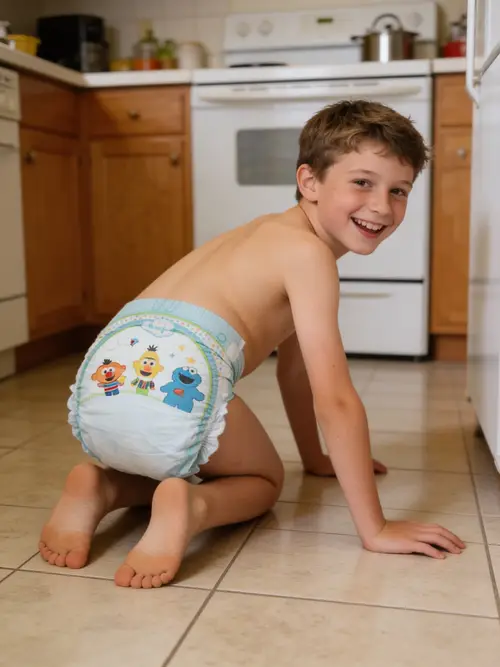 Happy 10-Year-Old Boy Crawling in Kitchen