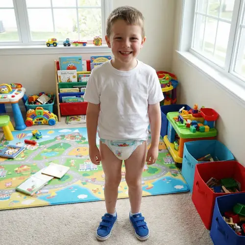 Happy 8-Year-Old Boy in Diaper and Tennis Shoes
