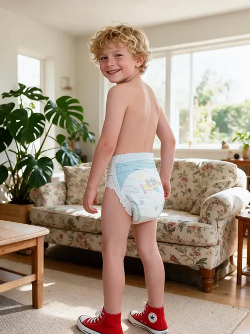 Happy Smiling Boy in Living Room with Diaper