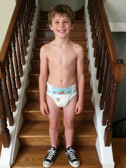 Happy Shirtless Boy in Diaper and Converse Shoes