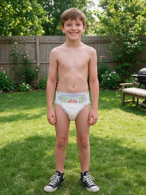 Happy Smiling Boy in Diaper - Backyard Fun