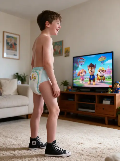 Happy Boy Watching Paw Patrol in Diaper and Converse