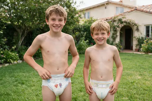 Happy Shirtless Boys in Backyard