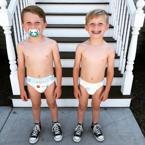Smiling Boys in Diapers and Converse Shoes