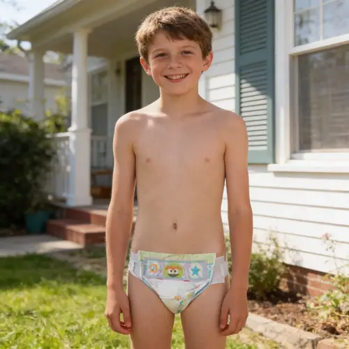 Happy Boy in Pampers Diaper Outside House