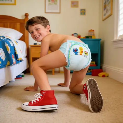 Happy 10-Year-Old Boy Crawling in Diaper and Shoes