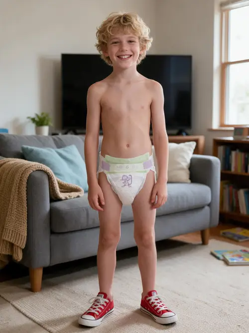 Happy Shirtless Boy in Living Room