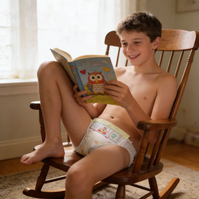 Happy 12-Year-Old Boy in Diaper Reading Book